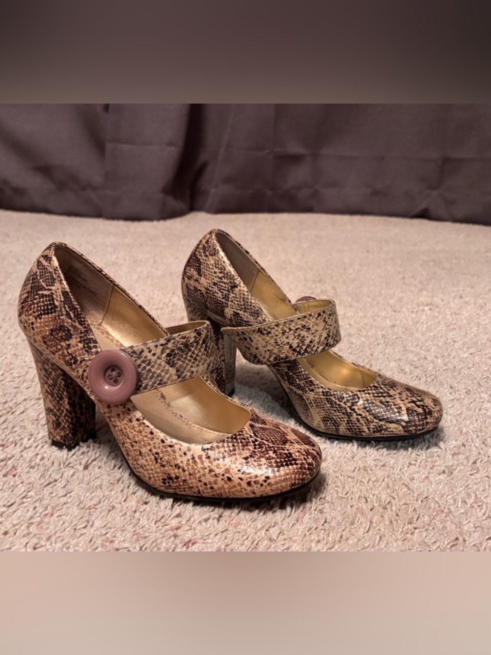 Rialto Snake-Print Mary Jane Heels in Beige and Brown with Pinkish Brown Button
